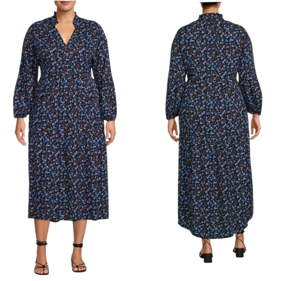 Terra & Sky Dresses & Skirts - Terra Sky Women's Plus Size Peasant Dress 2X Blue Floral Long Sleeve Pocket Fall